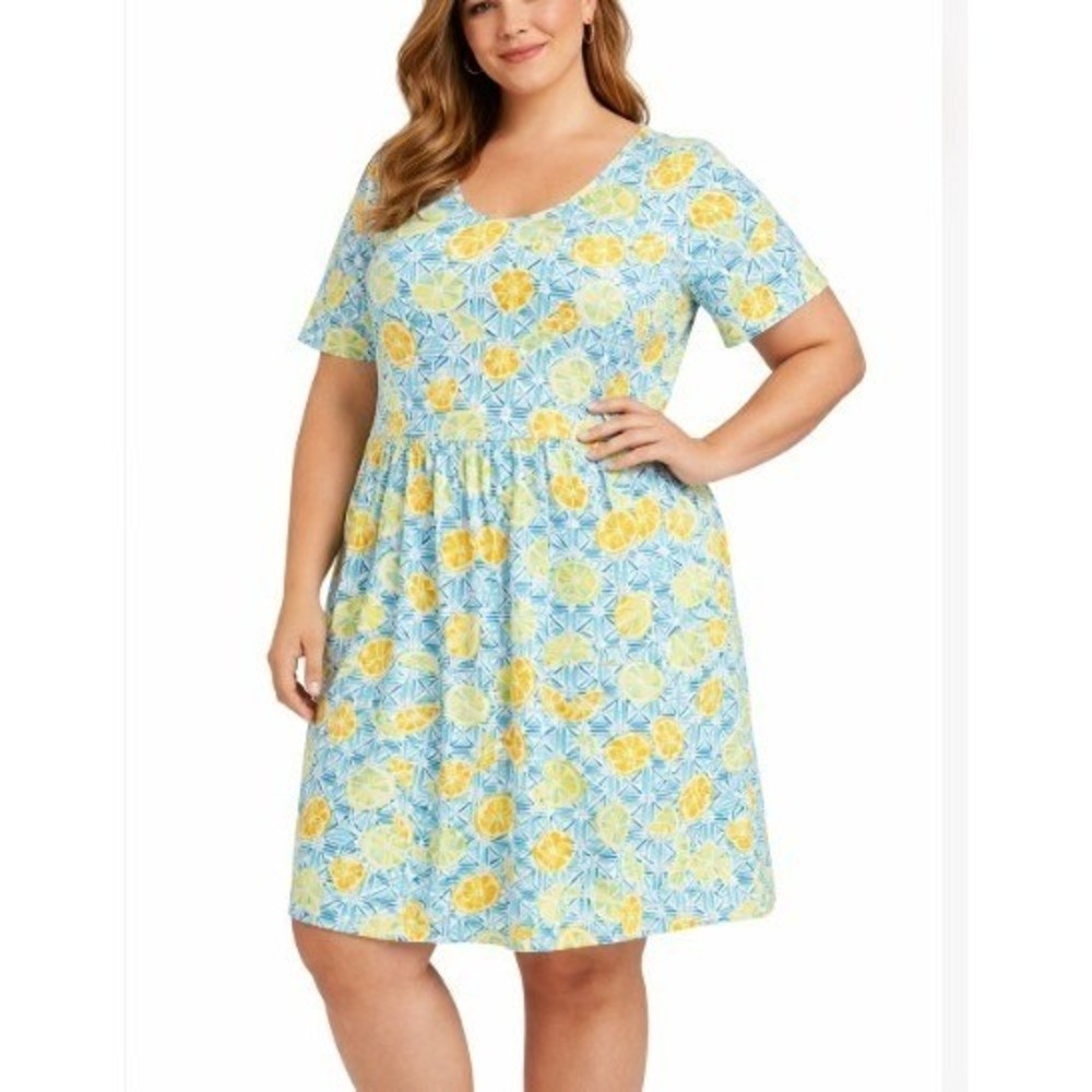 Lands End Fruit Print Dress Womens XL Blue Yellow Lemon Lime‎ Retro Coastal Chic